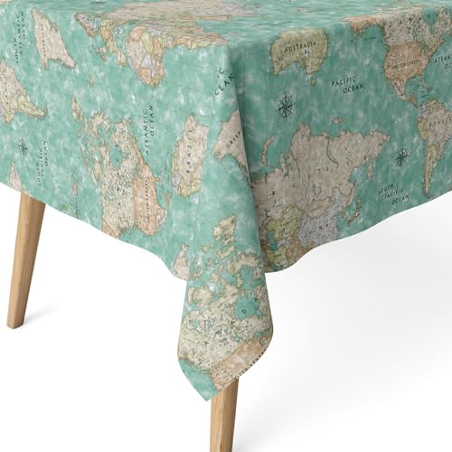 ECOMMERC3 Fleckabweisende Tischdecke für rechteckigen Tisch, Größe 250x140 cm | Schmutzabweisende Tischdecke, extra weich und wasserdicht, MAPAMUNDI TÜRKIS von ECOMMERC3