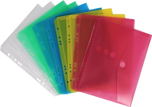 Nachhaltige Dokumententaschen / 10 Stück/mit Klettverschluss aus Post-Consumer-Recycling PP mit Abheftrand EURO-Lochung, transparent farbig sortiert (A5) von ECOfile