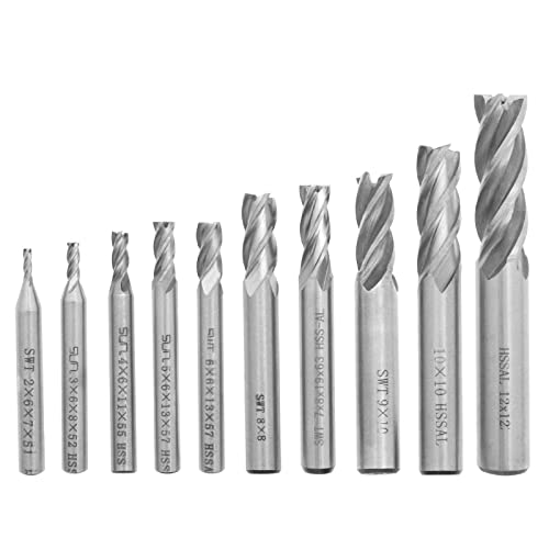 ECSiNG 10 Stück HSS 4-Nut-Schaftfräser-Set mit geradem Schaft 2/3/4/5/6/7/8/9/10/12 mm Durchmesser 6 mm 8 mm 10 mm 12 mm Griff für Holz Aluminium Stahl Titan von ECSiNG