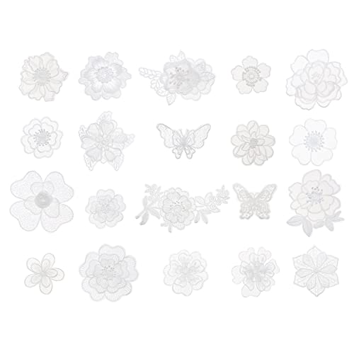 ECSiNG 20 STÜCKE Weiße Stickerei Spitze Blumen- und Schmetterlingsorganza Aufnäher Applikationen Patches zum Reparieren und Dekorieren von Kleidung Rucksäcke Jeans Caps Schuhe von ECSiNG