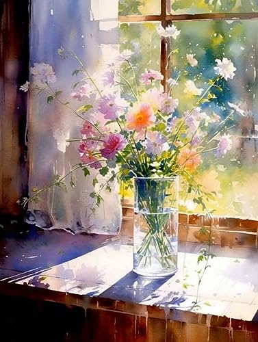 Diamond Painting, Schöne Blumen in einer Fensterbankvase,G DIY 5d Diamant Painting Bilder für Erwachsene & Kinder Diamant malerei Kits Malen nach Zahlen Wohnzimmer Dekoration für Home Wall von ECUCU