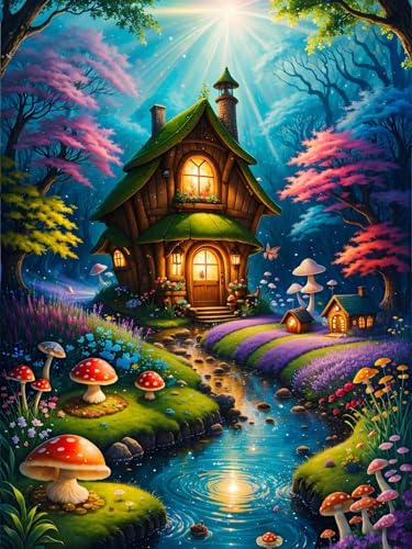 ECUCU Kreuzstich Stickpackungen Vorgedruckt, Fantasy-Pilzwald,F, Sticken Set Erwachsene Kreuzstich Bild,Sticken Set Anfänger für Wandkunst-Heimdekoration von ECUCU
