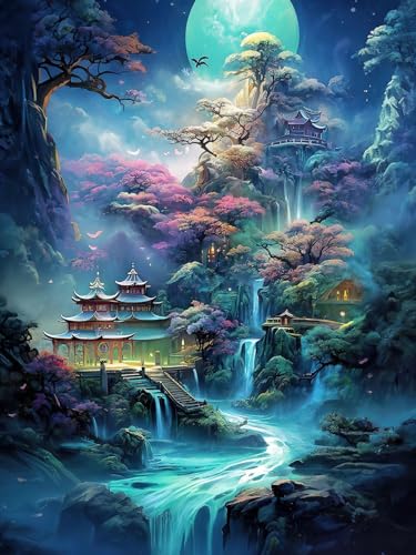 ECUCU Stickbilder Vorgedruckt Kreuzstich, Fantasie-Märchenland-Landschaft,A,30 * 40cm 11CT DIY gestempelte Kreuzstich-Kits Hand Volle Linie Vorgedruckte Stickerei Starter Kits Für Anfänger von ECUCU