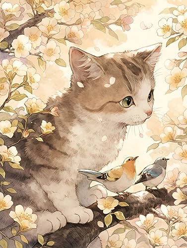 ECUCU Stickbilder Vorgedruckt Kreuzstich, Süße Katze auf Blumenzweig, 50 x 70 cm, 11CT DIY gestempelte Kreuzstich-Kits Hand Volle Linie Vorgedruckte Stickerei Starter Kits Für Anfänger von ECUCU