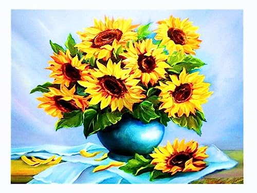 ECUCU Stickbilder Vorgedruckt Kreuzstich Sonnenblumen-Blumen- und Vasen-Kollektion, Kreuzstich-Stickset, 50 x 70 cm für Erwachsene Anfänger von ECUCU