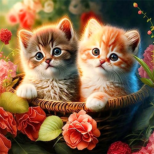ECUCU Stickvorlagen Kreuzstich Kreuzstich-Set mit niedlichen Blumen, Stickerei, Tierkorb, Katze, 30 x 40 cm FüR Erwachsene Kinder AnfäNger von ECUCU