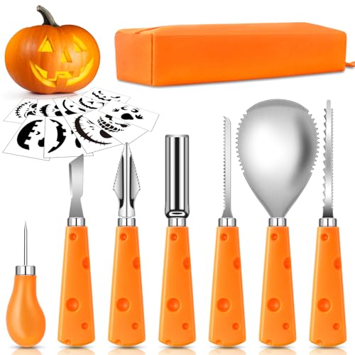ECtury Kürbis Schnitzset, 7 Stück Schnitzwerkzeug Kürbis + 10 Schnitzvorlagen, Halloween Kürbis Schnitzset Kinder, Kastanienbohrer Kinder, Halloween Deko für Familie von ECtury