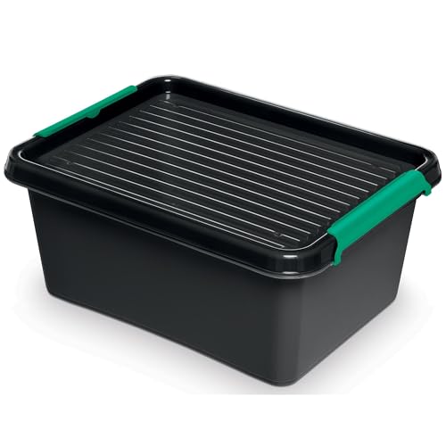 Aufbewahrungsbox Mit Deckel Clips Eco Box Organizer Ideal für Haus, Büro, Garage, Lager, Sortierbox Aufbewahrung Sortimentskasten Plastikbox Schwarz (12,5 l) von EDANTI