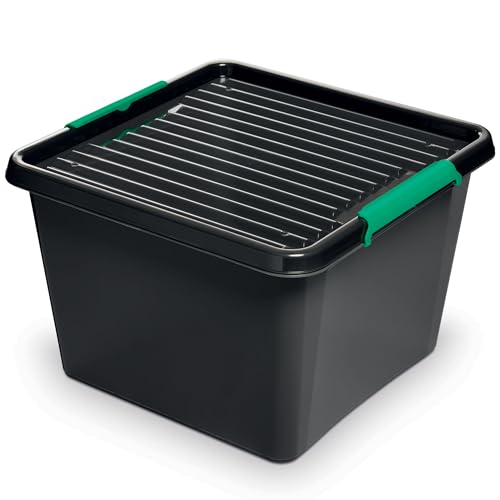 Aufbewahrungsbox Mit Deckel Clips Eco Box Organizer Ideal für Haus, Büro, Garage, Lager, Sortierbox Aufbewahrung Sortimentskasten Plastikbox Schwarz (32 l) von EDANTI