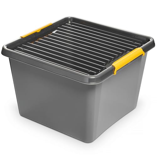 EDANTI Aufbewahrungsbox Mit Deckel Clips Organizer Ideal für Werkstatt, Transport, Garage, Heimwerken, Sortierbox Sortimentskasten Plastikbox Grau (32 l) von EDANTI