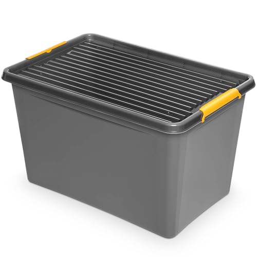 EDANTI Aufbewahrungsbox Mit Deckel Clips Organizer Ideal für Werkstatt, Transport, Garage, Heimwerken, Sortierbox Sortimentskasten Plastikbox Grau (60 l) von EDANTI