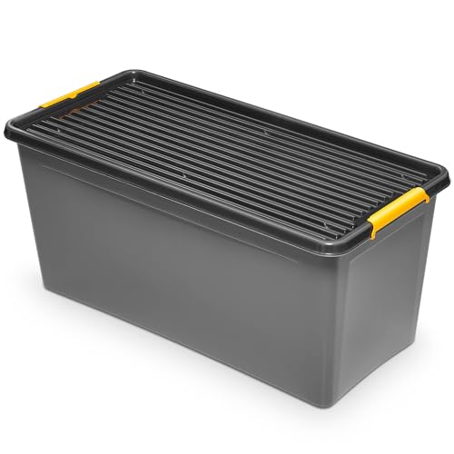 EDANTI Aufbewahrungsbox Mit Deckel Clips Organizer Ideal für Werkstatt, Transport, Garage, Heimwerken, Sortierbox Sortimentskasten Plastikbox Grau (75 l) von EDANTI