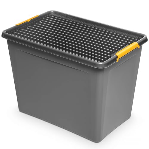 EDANTI Aufbewahrungsbox Mit Deckel Clips Organizer Ideal für Werkstatt, Transport, Garage, Heimwerken, Sortierbox Sortimentskasten Plastikbox Grau (80 l) von EDANTI