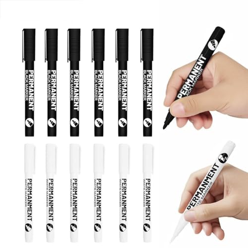 EDATOFLY 12 Acrylmarker Weiß Schwarz, Permanent Marker Wasserfester Stift Acrylstift Wasserfest, Rundspitze 1-2mm, Schnell Trocknender, Acrylstift Markierstift zum Malen, Schreiben (6Weiß+6Schwarz) von EDATOFLY