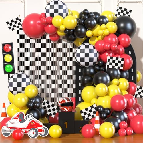 127-teiliges Rennwagen-Ballon-Girlande-Set, rot, schwarz, gelb, Latex-Luftballons mit karierten Folien-Fransenvorhängen, Flaggen für Auto-Themen-Geburtstagsparty-Zubehör, 2. Zwei schnelle zwei 127-teiliges Rennwagen-Ballon-Girlande-Set, rot, schwarz, gelb, Latex-Luftballons mit karierten Folien-Fransenvorhängen, Flaggen für Auto-Themen-Geburtstagsparty-Zubehör, 2. Zwei schnelle zwei von EDFHSEZ