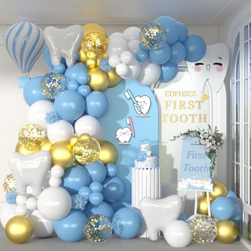 128-teiliges Party-Ballon-Set für Zahnzähne, Weiß & Pastellblau & Gold, Konfetti-Latex-Luftballons und weiße Zahn-Folienballons für erste Partys, Geburtstage, Abschlussfeiern, Babypartys von EDFHSEZ