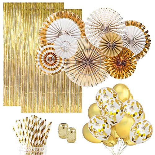 Faltfächer, 55-teilig, goldfarben, Partydekorationsset, Papierfächer, Konfetti, Latexballon, Folie, Fransenvorhang für Hochzeit, Geburtstag, Party, Dekoration, handgefertigtes dekoratives Zubehör Faltfächer, 55-teilig, goldfarben, Partydekorationsset, Papierfächer, Konfetti, Latexballon, Folie, Fransenvorhang für Hochzeit, Geburtstag, Party, Dekoration, handgefertigtes dekoratives Zubehör von EEASSA