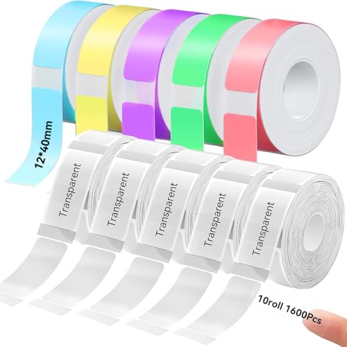 D30 P15 P11 Etikettenhersteller-Band, 12 x 40 mm Etikettendruckpapier, Standard-laminiertes Büro-Etikettierband für Schule, 1650 Bänder/10Rolle, 5 Rollen Farbe, 5 Rollen Transparent von EEBBL