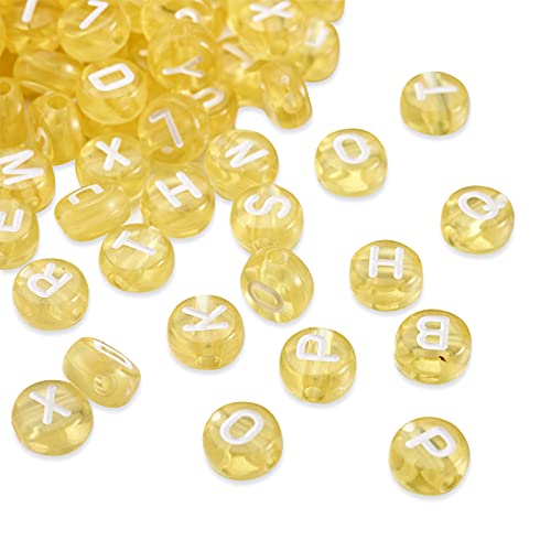 370 Stück transparente Acryl-Alphabet-Buchstaben-Perlen, 7 mm, flache runde Scheibenmünze A-Z, weißes Buchstabenmuster, lose Abstandshalter-Perlen für DIY-Halsketten, Schmuckherstellung, Gelb von EEE ELECRELIVE