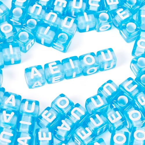 Elcrelive Buchstabenperlen, 7 mm, transparent, Acryl, Alphabet-Perlen, hellblau, Vokale, AEIOU Buchstaben, lose Abstandshalter, Charms für Freundschaftsarmband, Halskette, Sommerschmuck, 100 Stück Elcrelive Buchstabenperlen, 7 mm, transparent, Acryl, Alphabet-Perlen, hellblau, Vokale, AEIOU Buchstaben, lose Abstandshalter, Charms für Freundschaftsarmband, Halskette, Sommerschmuck, 100 Stück von EEE ELECRELIVE