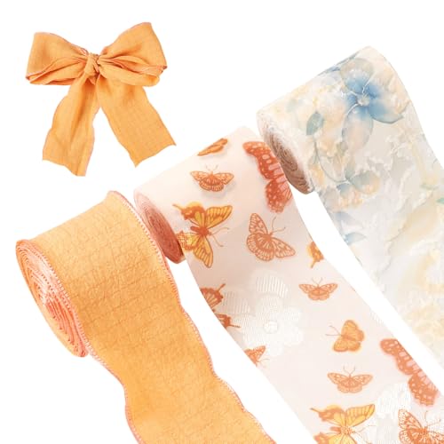 Elecrelive 3 Rollen Herbstbänder mit Drahtrand, Schmetterlings-Blumen-Stoff, Bastelband, gerüschte Kanten, Herbst-/Erntedankbänder, 40 mm, für Geschenkverpackungen, Kranz, Schleifenherstellung Elecrelive 3 Rollen Herbstbänder mit Drahtrand, Schmetterlings-Blumen-Stoff, Bastelband, gerüschte Kanten, Herbst-/Erntedankbänder, 40 mm, für Geschenkverpackungen, Kranz, Schleifenherstellung von EEE ELECRELIVE
