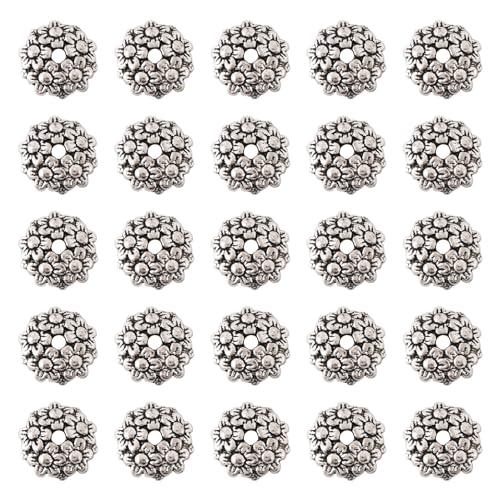 Elecrelive Blumen-Perlenkappen für Schmuckherstellung, tibetische Legierung, Blumen-Metall-Endkappe, Antiksilber, für Halsketten, Armbänder, Ohrringe, Schmuckzubehör, 50 Stück von EEE ELECRELIVE