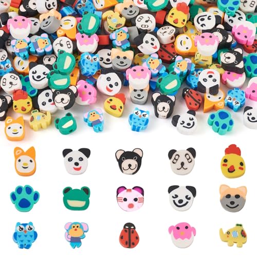 Elecrelive Cartoon-Tier-Tonperlen, Katze, Hund, Panda, Elefant, Affe, Polymer, niedliche Perlen, Tonzubehör für DIY-Armbänder, Halsketten, Armbänder, Ohrringe, Schmuck, 150 Stück von EEE ELECRELIVE