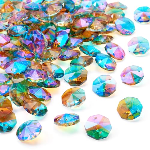 Elecrelive Glasperlen mit 2 Löchern, achteckig, 18 mm, facettierte Prismen-Kristallperlen für Kristall-Kronleuchter, Ersatzteile, zum Aufhängen, Schmuck, bunt, 90 Stück von EEE ELECRELIVE