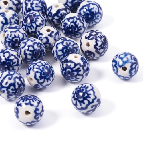 Elecrelive Keramikperlen mit blauem Blumendruck, rund, Blau und Weiß, 11–12 mm, für DIY-Armbänder, Ohrringe, Halsketten, Schmuck, 20 Stück von EEE ELECRELIVE