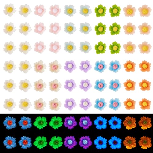 Elecrelive Mini-Harz-Blumen mit flacher Rückseite, Cabochons, Verzierung, bunte Blumen-Perlen, leuchtet im Dunkeln, Schleim-Charms für Schmuck, Handyhüllen, Nageldekoration, Haar-Accessoires, 90 Stück von EEE ELECRELIVE