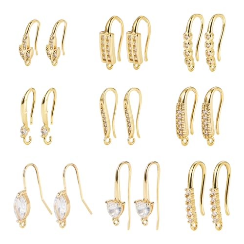 Elecrelive Ohrhaken aus echtem 18 Karat vergoldetem Messing, mit Schlaufe, baumelnde Ohrringe, Verbindungsstücke für Damen, Schmuckherstellung, 18 K, Zirkonia, 9 Stile, 18 Stück von EEE ELECRELIVE