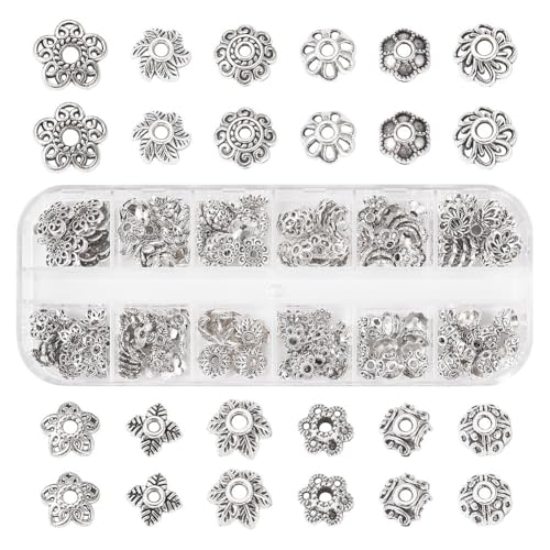 Elecrelive Perlenkappen in antikem Silber, Blumen-Abstandshalter, Endkappen, 12 Stile, tibetische Legierung, Metall-Endperlen für Halsketten, Armbänder, Ohrringe, Schmuckzubehör, 230 Stück von EEE ELECRELIVE