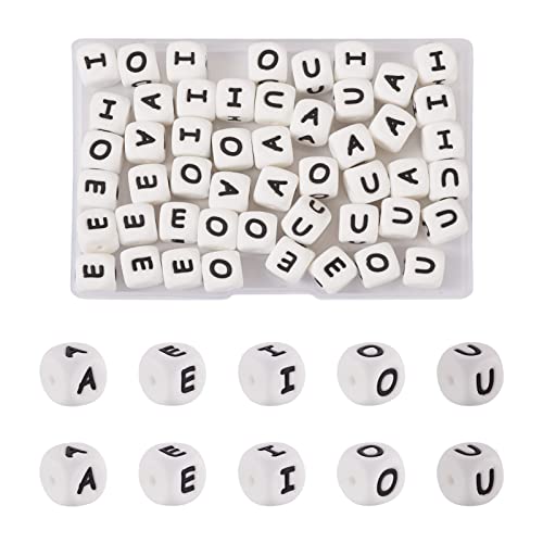 Elecrelive Silikon-Buchstabenperlen, Buchstabenperlen, Würfel, Alphabet, Vokal A/E/I/O/U, für Stifte, Halsketten, Armbänder, Schlüsselanhänger, Weiß, 50 Stück von EEE ELECRELIVE