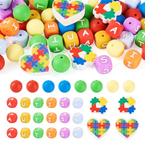 Elecrelive Silikon-Buchstabenperlen, Würfelform, Autismus-Bewusstseins-Thema, Puzzle-Stil, für Stifte, Halsketten, Armbänder, Schlüsselanhänger, 54 Stück von EEE ELECRELIVE