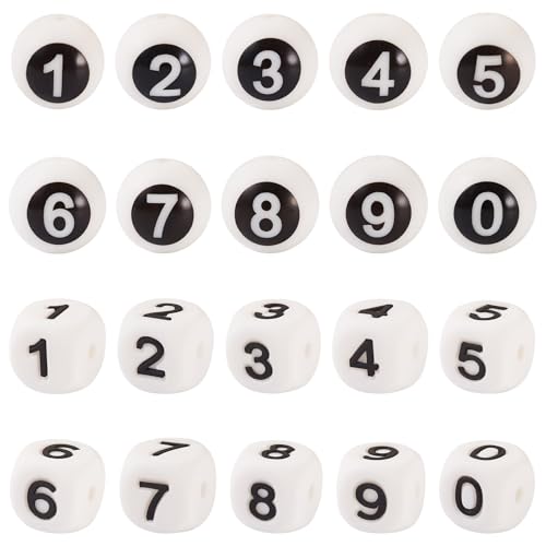 Elecrelive Zahlenperlen 0 bis 9, runde Würfelperlen, Silikon, Weiß / Schwarz, für Stifte, Halsketten, Armbänder, Schlüsselanhänger, 40 Stück von EEE ELECRELIVE