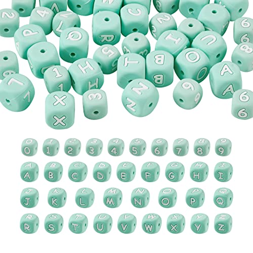 Silikonperlen mit Buchstaben und Zahlen, quadratisch, Alphabet, lose Perlen für Armbänder oder Halsketten, Türkis, 46 Stück/Box, 12 mm von EEE ELECRELIVE