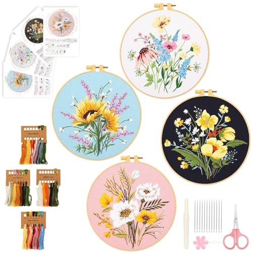 EEEKit 4 Stück Blumenmuster Stickerei Kit Für Anfänger, Blumen Stickerei Stich Set Mit Sticknadel Stickrahmen, DIY Kreuzstich-Kit Werkzeuge Für Erwachsene Kunst, Handwerk, Nähen von EEEKit