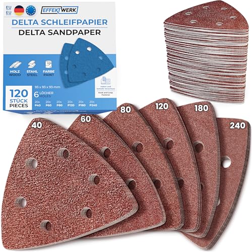 EffektWerk Delta-Schleifpapiere (120er-Pack, 6 Löcher), 93 x 93 x 93 mm dreieckige Schleifpads für Mausschleifer, mehrere Körnungen (40, 60, 80, 120, 180, 240) von EFFEKTWERK