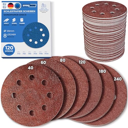 EffektWerk Schleifscheiben (120er-Pack, 8 Löcher), 125 mm Schleifpapier mit mehreren Körnungen (40, 60, 80, 120, 180, 240) EffektWerk Schleifscheiben (120er-Pack, 8 Löcher), 125 mm Schleifpapier mit mehreren Körnungen (40, 60, 80, 120, 180, 240) von EFFEKTWERK
