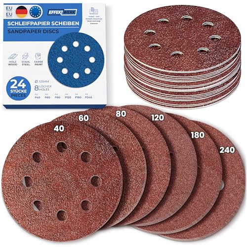 EffektWerk Schleifscheiben (24er-Pack, 8 Löcher), 125 mm Schleifpapier mit mehreren Körnungen (40, 60, 80, 120, 180, 240) EffektWerk Schleifscheiben (24er-Pack, 8 Löcher), 125 mm Schleifpapier mit mehreren Körnungen (40, 60, 80, 120, 180, 240) von EFFEKTWERK