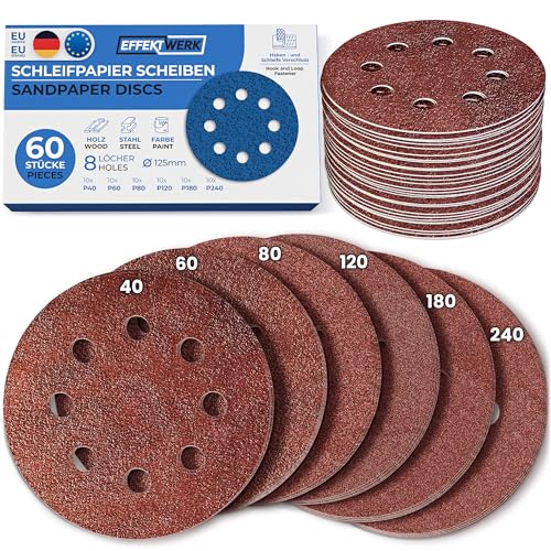 EFFEKTWERK Schleifpapier 125mm Klett - 60 Stück - Profi 125mm Schleifscheiben für Exzenterschleifer - Schleifpapier Klett - 8 Loch - Körnung 10x P40 P60 P80 P120 P180 P240 für Holz Metall & Farbe von EFFEKTWERK