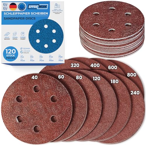EffektWerk Schleifscheiben (120er-Pack, 6 Löcher), 150 mm Schleifpapier mit mehreren Körnungen (40, 60, 80, 120, 180, 240, 320, 400, 600, 800) EffektWerk Schleifscheiben (120er-Pack, 6 Löcher), 150 mm Schleifpapier mit mehreren Körnungen (40, 60, 80, 120, 180, 240, 320, 400, 600, 800) von EFFEKTWERK
