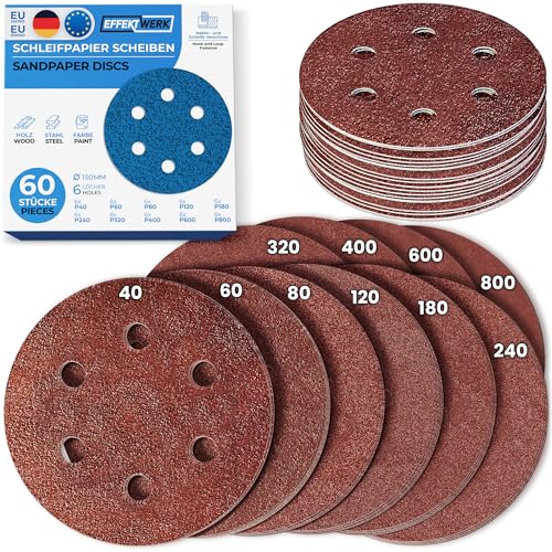 EffektWerk Schleifscheiben (60er-Pack, 6 Löcher), 150 mm Schleifpapier mit mehreren Körnungen (40, 60, 80, 120, 180, 240, 320, 400, 600, 800) EffektWerk Schleifscheiben (60er-Pack, 6 Löcher), 150 mm Schleifpapier mit mehreren Körnungen (40, 60, 80, 120, 180, 240, 320, 400, 600, 800) von EFFEKTWERK