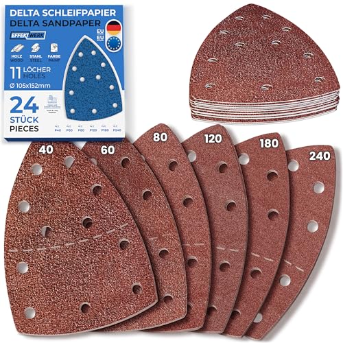 EffektWerk Delta-Schleifpapiere (24er-Pack, 11 Löcher), 105 x 152 mm, dreieckige Schleifpads für Mausschleifer, mehrere Körnungen (40, 60, 80, 120, 180, 240) von EFFEKTWERK