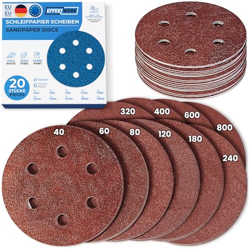 EffektWerk Schleifscheiben (20er-Pack, 6 Löcher), 150 mm Schleifpapier mit mehreren Körnungen (40, 60, 80, 120, 180, 240, 320, 400, 600, 800) von EFFEKTWERK