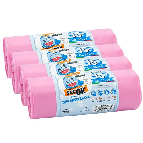60 rosa Müllsäcke, Plastiksäcke mit Shopper-Griff, 55x65cm, superresistente transparente Säcke, Müllsäcke, getrennte Sammlung, Müllsammlung im Freien von EFFENNE group