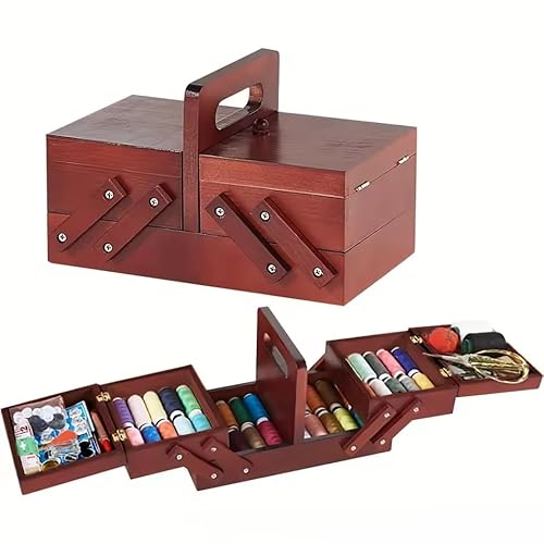 EFFNILIM 1 x erweiterbare Nähkästchen aus Holz, Nähset, Aufbewahrungsbox mit Griff, Stickset, Nähkorb aus Holz von EFFNILIM