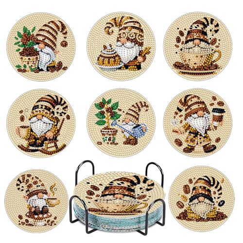 8 Stück Kaffee Gnom Diamond Painting Untersetzer with Holder für Basteln Erwachsene,Diamond Painting Kinder,Glasuntersetzer & DIY Zubehör für Wohndekoration von EFNHJF5