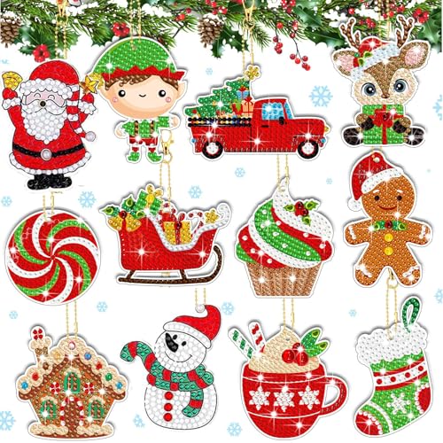 EFNHJF5 12 Stück Diamond Painting Weihnachten Anhänger, 5D DIY Schlüsselanhänger, Kinder Doppelseitige Weihnachten Deko (Rot) von EFNHJF5