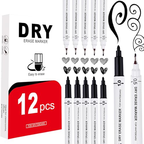 EFNHJF5 12 Stück Whiteboard Marker Dünn 0.5-1.0 mm,Dual-Tip-whiteboard Stifte Schwarz,Dry Erase Marker,Folienstift abwischbar für Schule, Büro und Zuhause von EFNHJF5